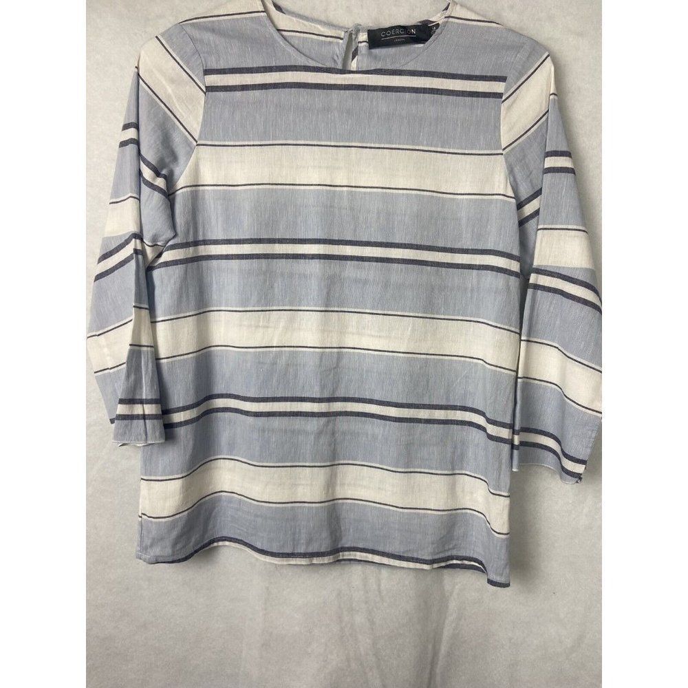 COERCION WOMENS STRIPED LINEN COTTON STRIPED BLUE  AND WHITE  BLOUSE SIZE M